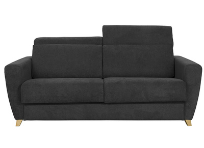 Canapé convertible avec têtières ajustables 3 places en tissu effet velours gris anthracite et bois clair avec matelas 13 cm GOYA