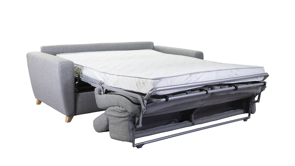 Canap convertible avec ttires ajustables 3 places en tissu gris et bois clair avec matelas 12 cm GOYA