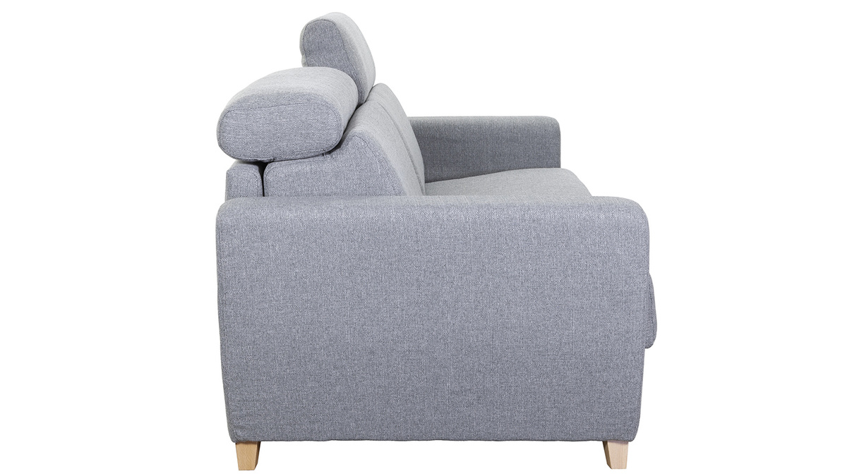 Canap convertible avec ttires ajustables 3 places en tissu gris et bois clair avec matelas 13 cm GOYA