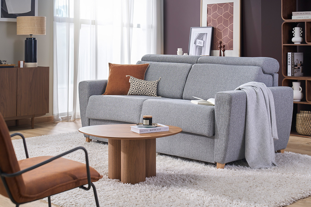 Canap� convertible avec t�ti�res ajustables 3 places en tissu gris et bois clair et matelas 18 cm GOYA