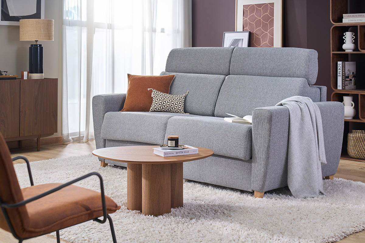 Canap� convertible avec t�ti�res ajustables 3 places en tissu gris et bois clair et matelas 18 cm GOYA