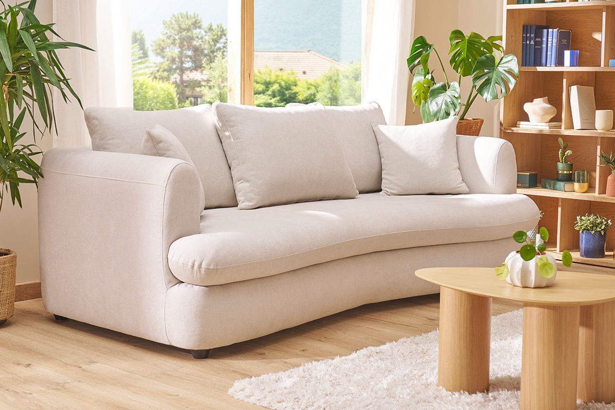 Canap convertible dhoussable 3-4 places design haricot en tissu effet velours beige clair SACHA