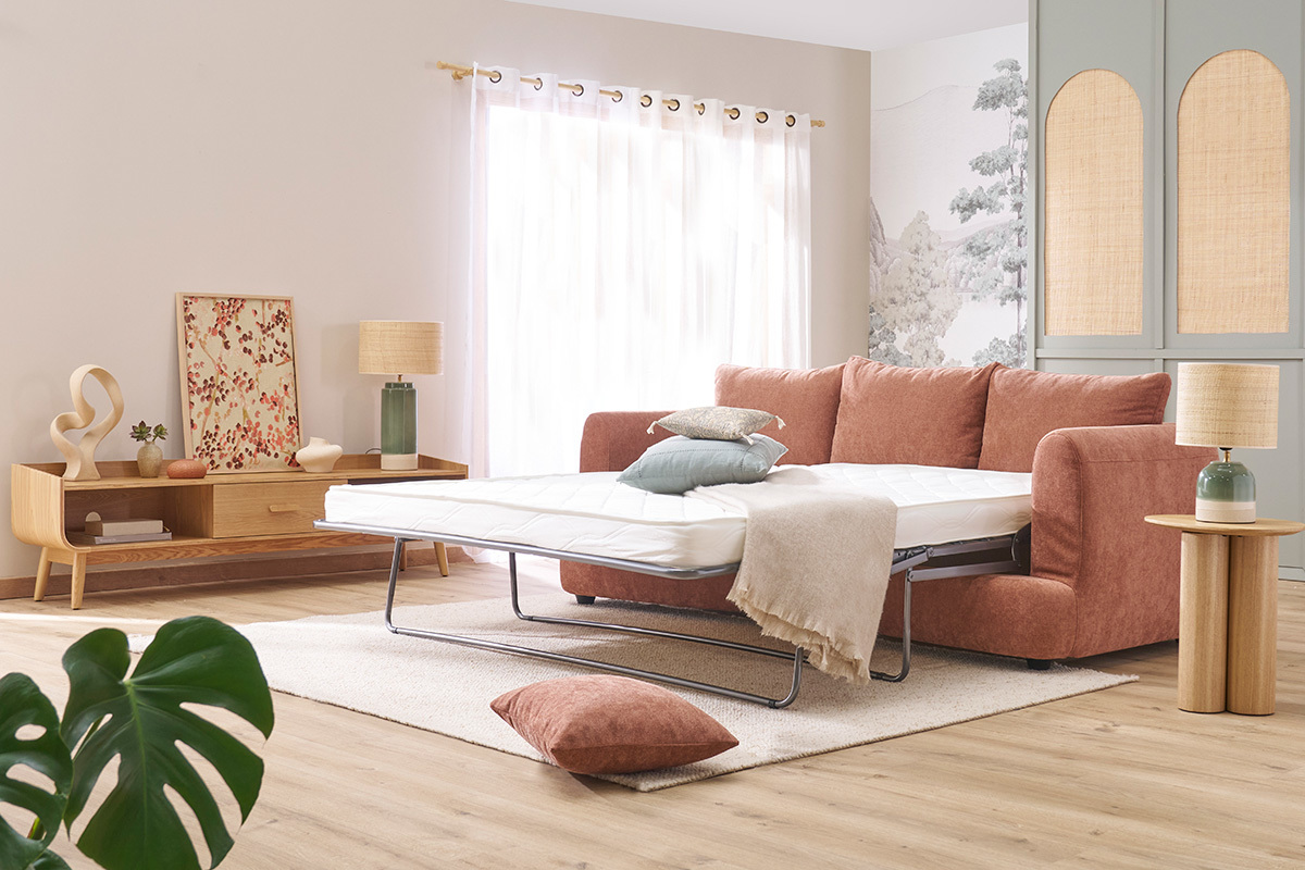 Canap convertible dhoussable 3-4 places design haricot en tissu effet velours terre brle SACHA