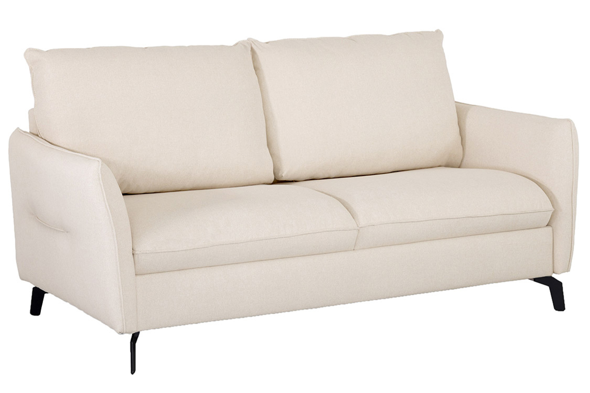 Canap convertible design 3 places en tissu beige et mtal noir avec matelas 12 cm LIAM
