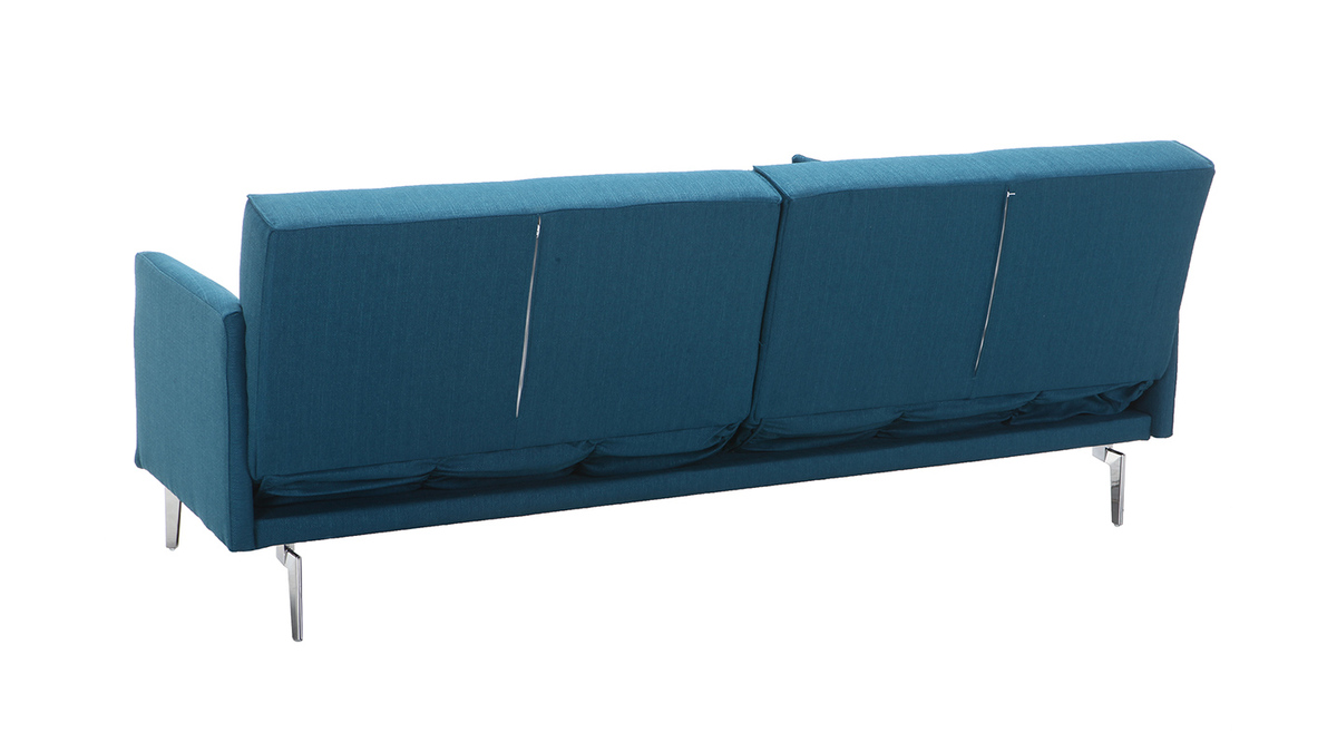 Canap convertible design 3 places en tissu bleu canard et acier chrom ELIN