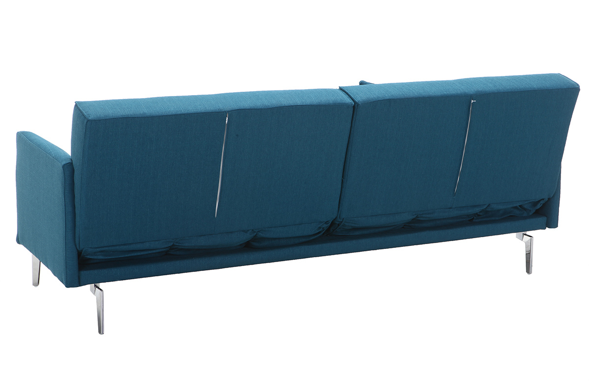 Canap� convertible design 3 places en tissu bleu canard et acier chrom� ELIN