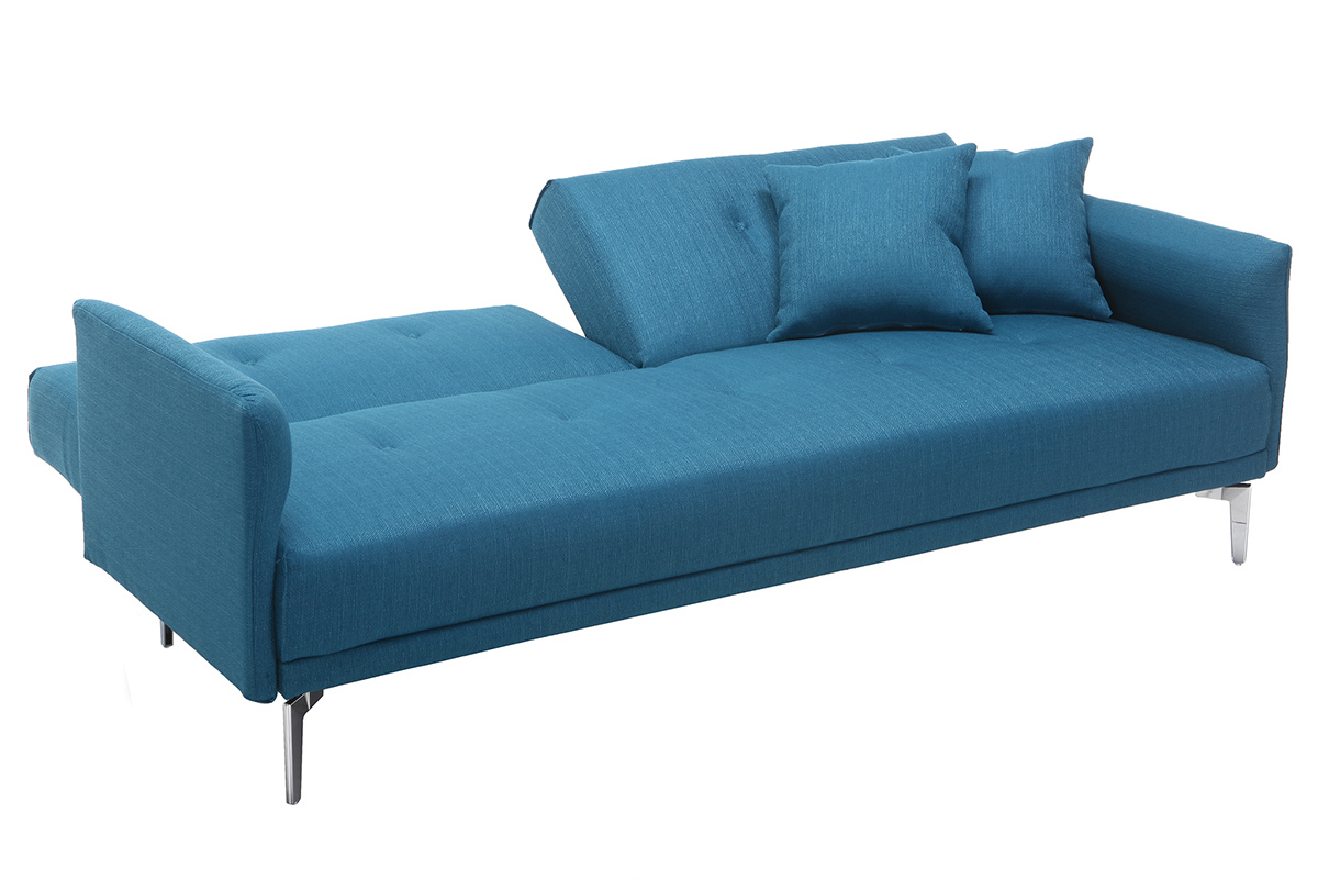 Canap� convertible design 3 places en tissu bleu canard et acier chrom� ELIN