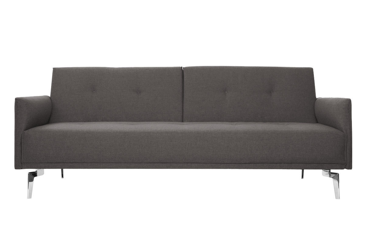Canap convertible design 3 places en tissu gris et acier chrom ELIN