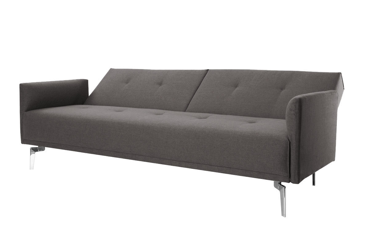 Canap convertible design 3 places en tissu gris et acier chrom ELIN