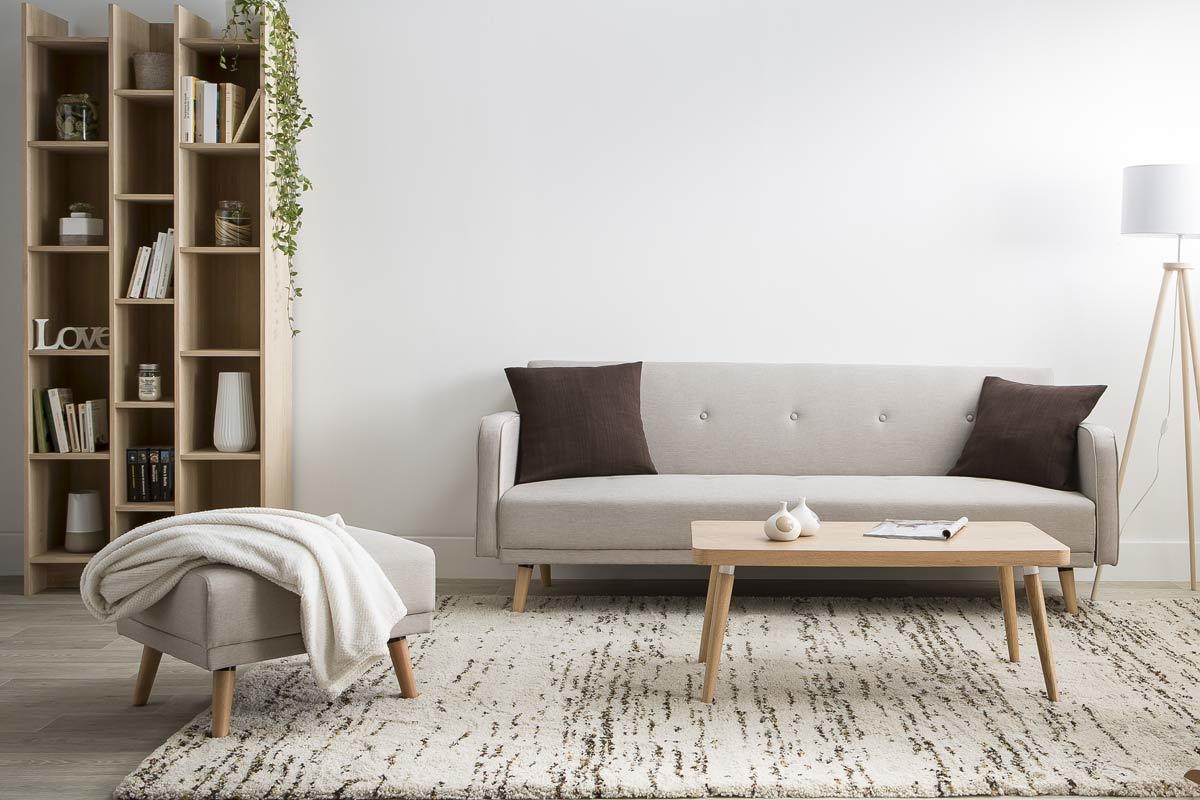 Canap convertible scandinave 3 places avec repose-pieds en tissu beige et bois clair ULLA