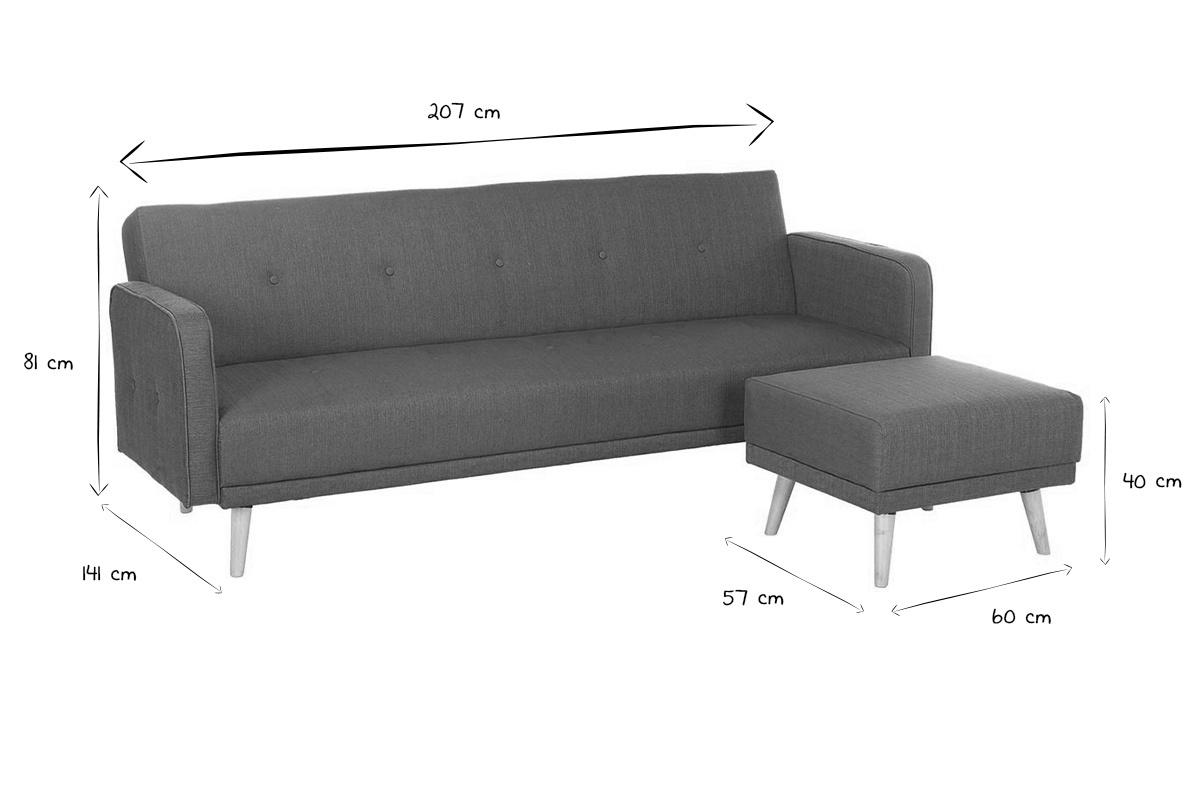 Canap convertible scandinave 3 places avec repose-pieds en tissu beige et bois clair ULLA