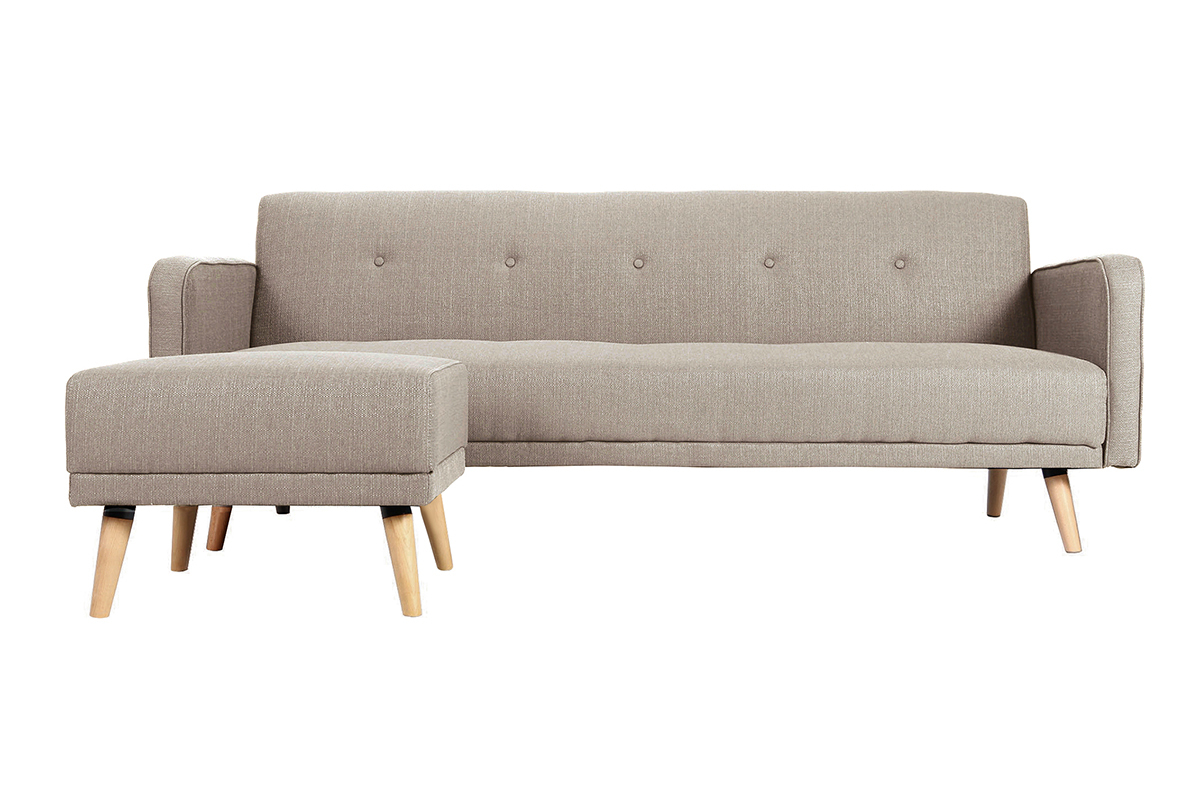Canap convertible scandinave 3 places avec repose-pieds en tissu beige et bois clair ULLA