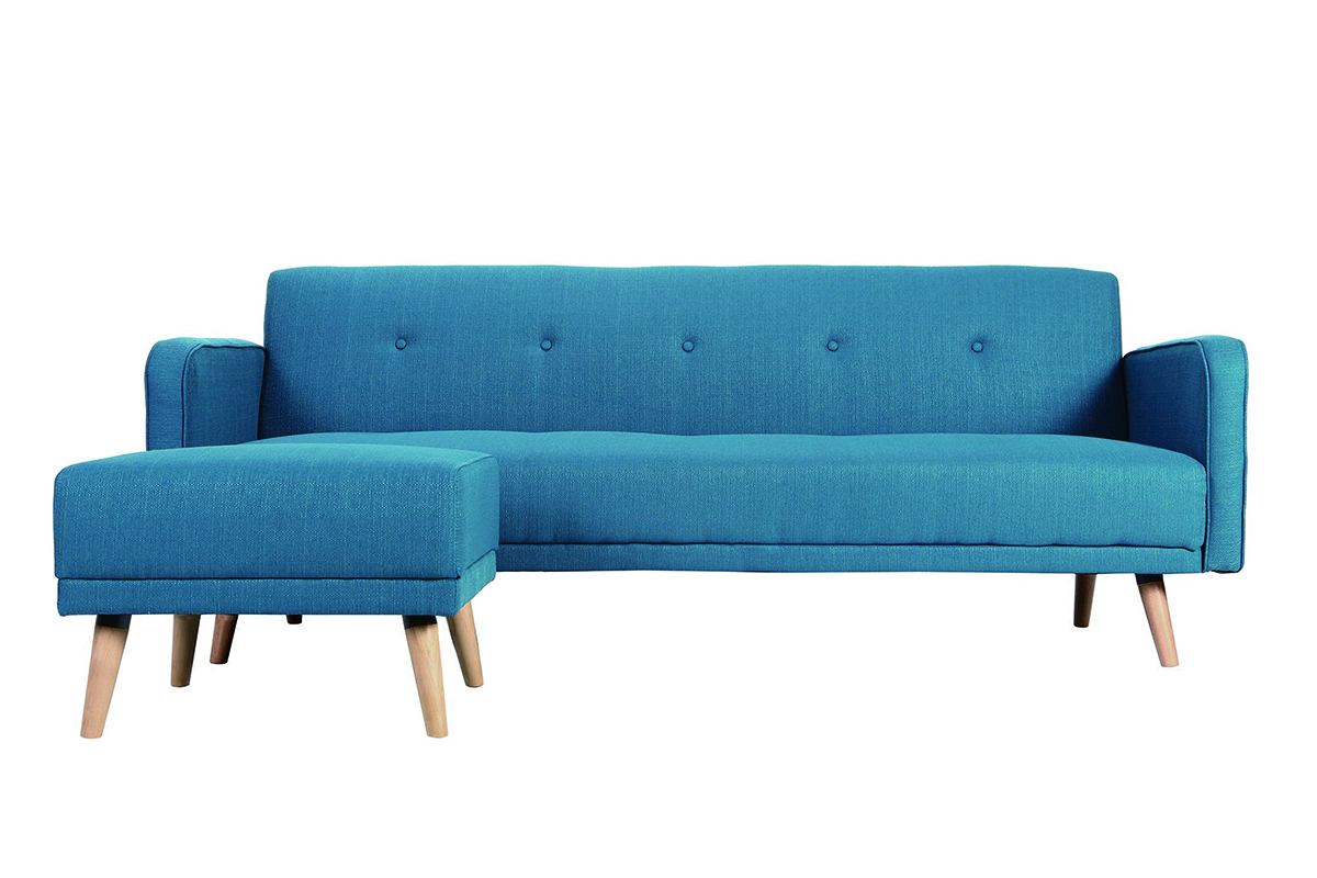 Canap convertible scandinave 3 places avec repose-pieds en tissu bleu canard et bois clair ULLA