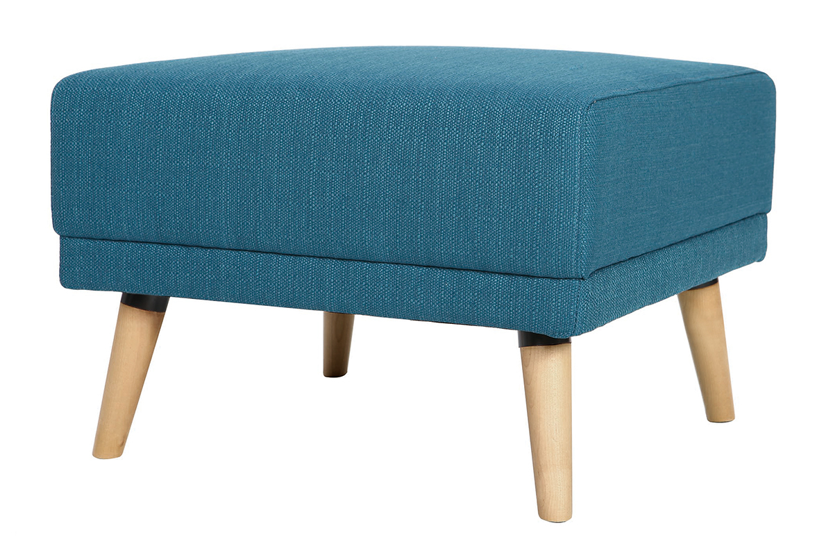 Canap convertible scandinave 3 places avec repose-pieds en tissu bleu canard et bois clair ULLA