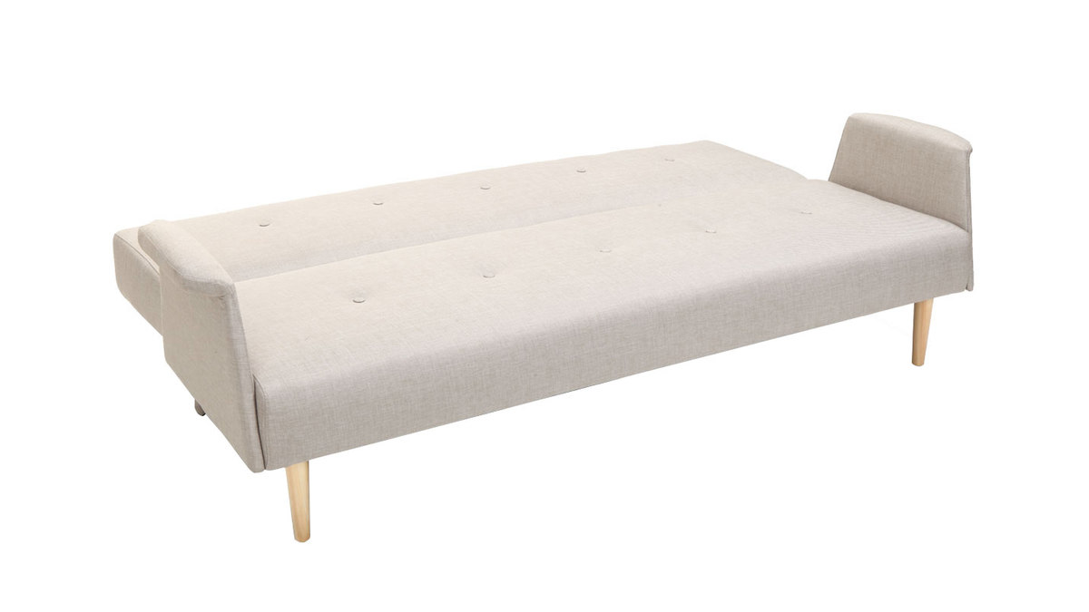 Canap convertible scandinave 3 places en tissu beige et bois clair OSCAR