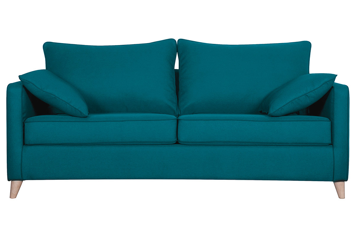 Canap� convertible scandinave 3 places en tissu bleu canard et bois clair avec matelas 10 cm PAPEL