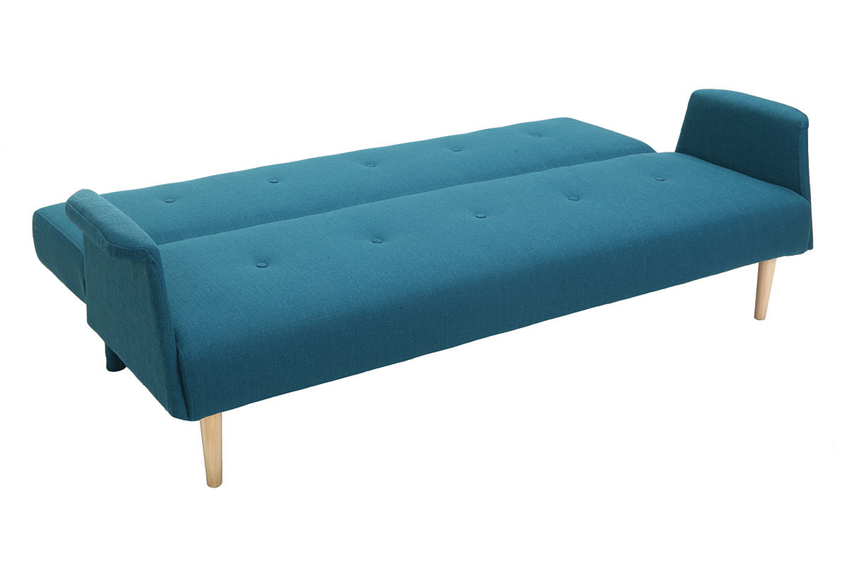 Canap� convertible scandinave 3 places en tissu bleu canard et bois clair OSCAR