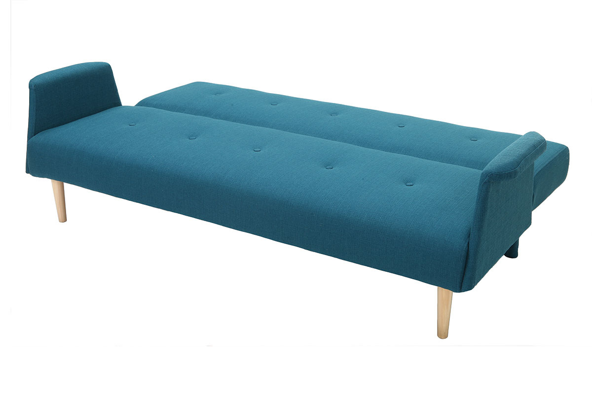 Canap convertible scandinave 3 places en tissu bleu canard et bois clair OSCAR