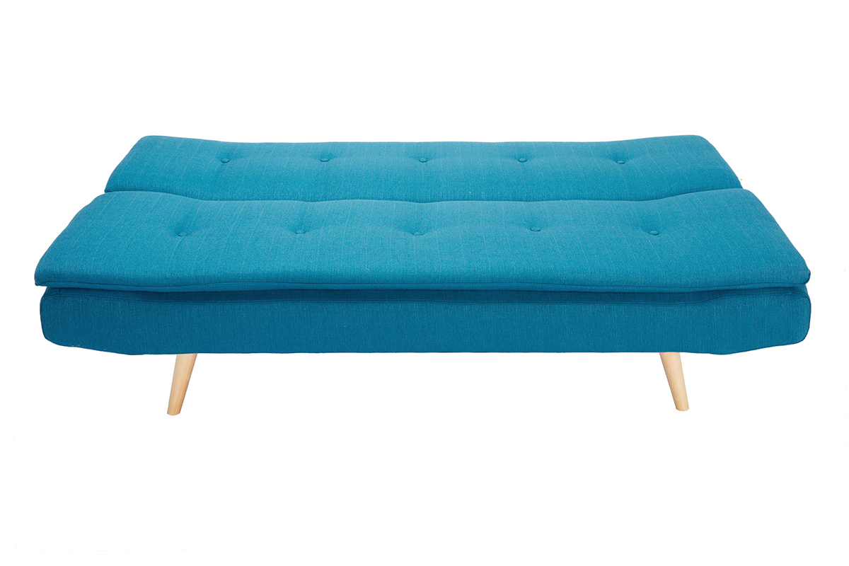 Canap� convertible scandinave 3 places en tissu bleu canard et bois clair SENSO