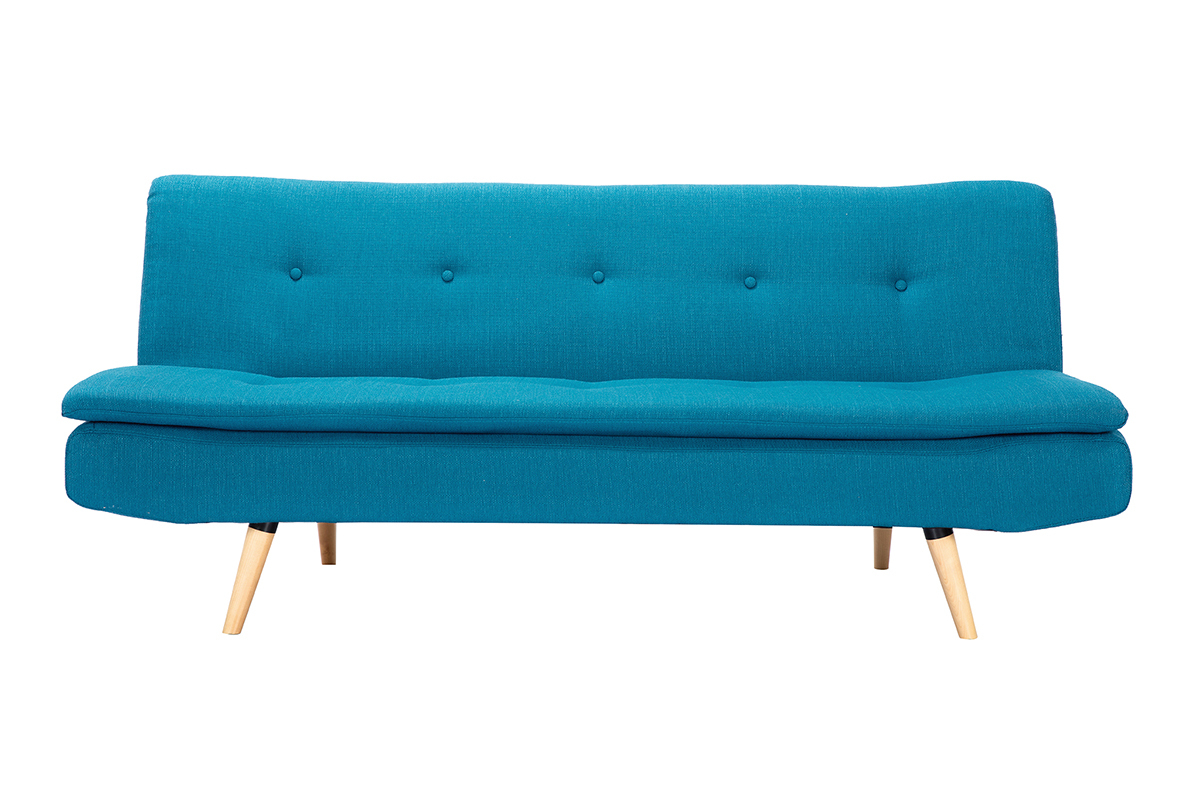 Canap� convertible scandinave 3 places en tissu bleu canard et bois clair SENSO