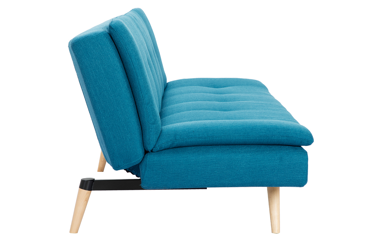 Canap� convertible scandinave 3 places en tissu bleu canard et bois clair SENSO