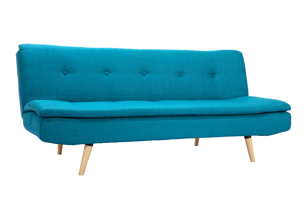Canap� convertible scandinave 3 places en tissu bleu canard et bois clair SENSO