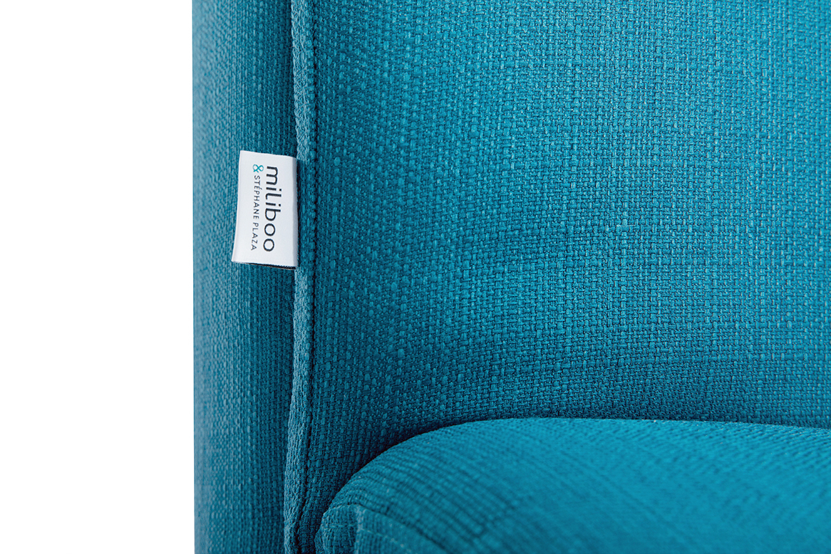 Canap� convertible scandinave 3 places en tissu bleu canard et bois clair SENSO
