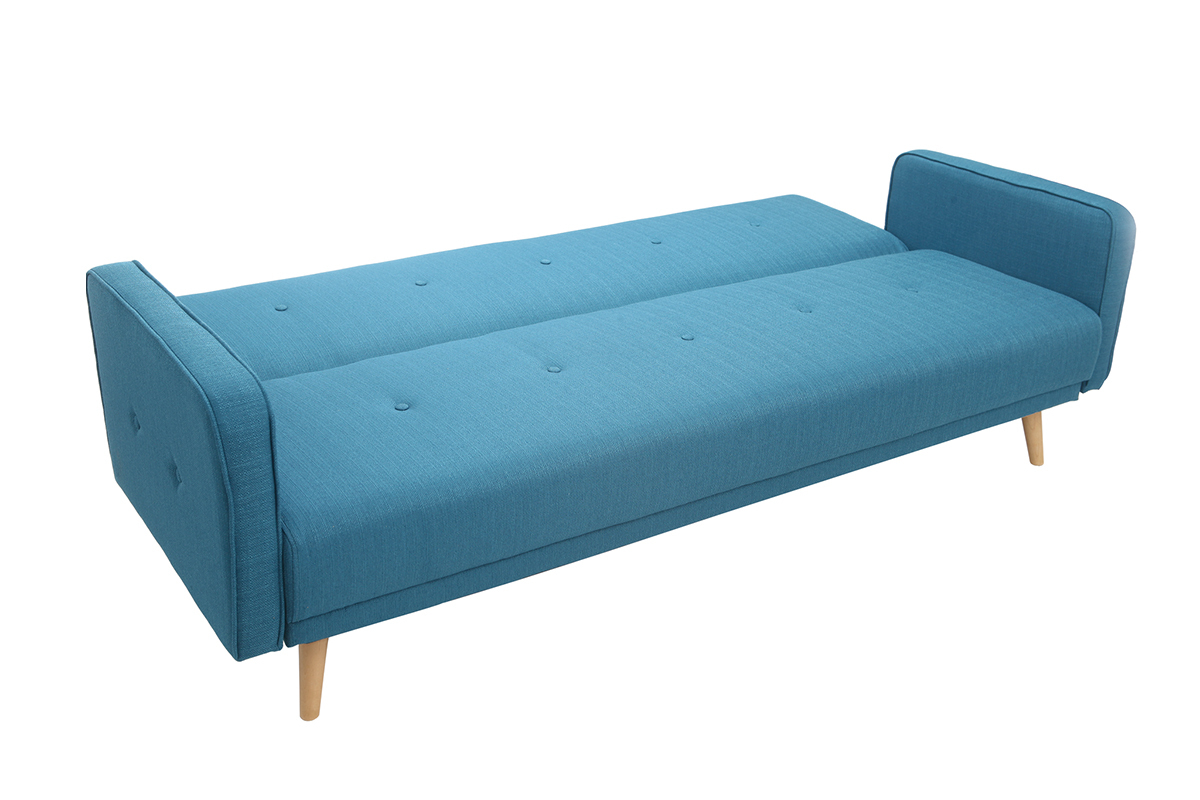 Canap convertible scandinave 3 places en tissu bleu et bois clair ULLA