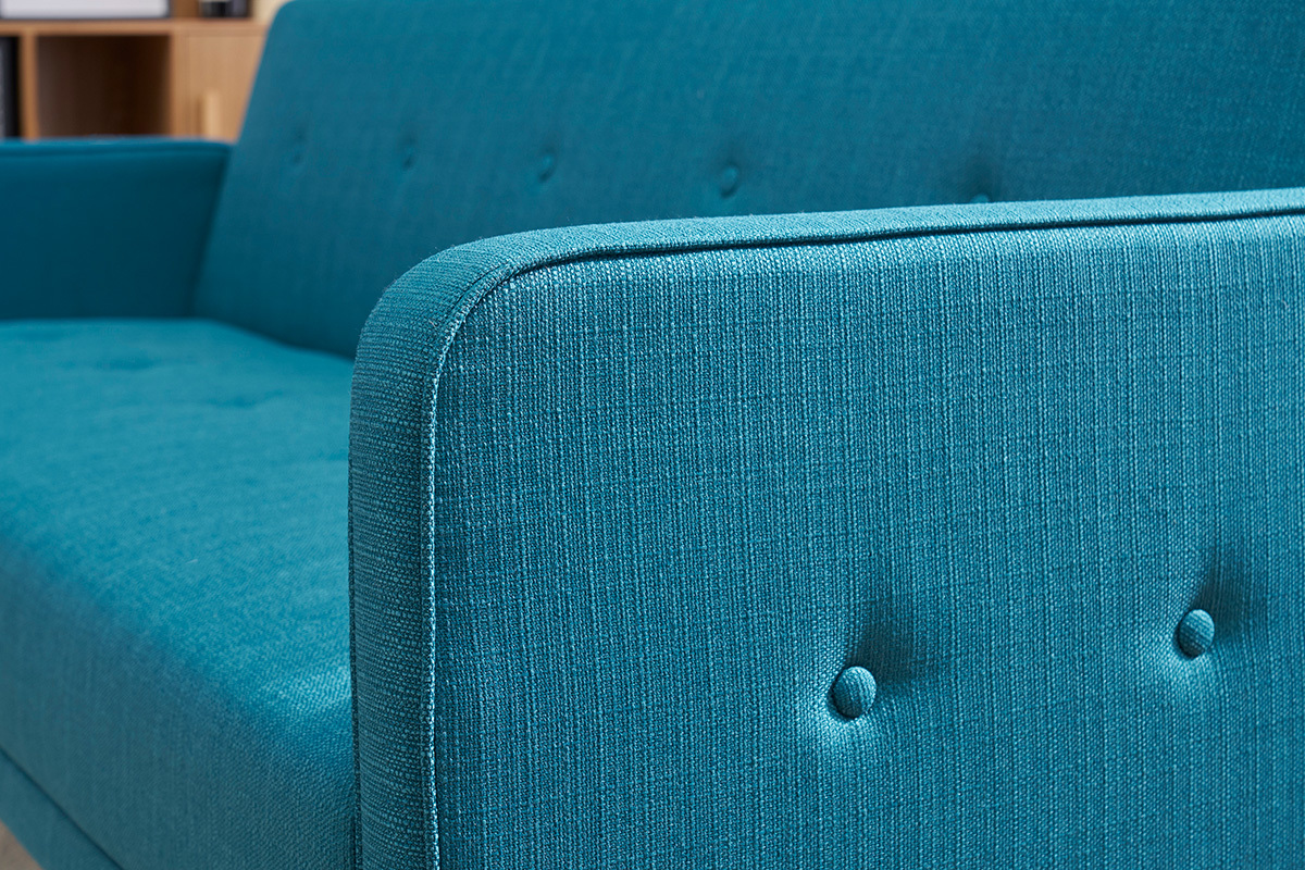 Canap convertible scandinave 3 places en tissu bleu et bois clair ULLA