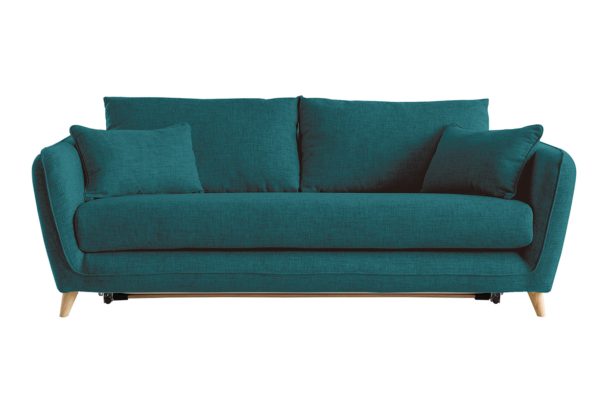 Canap convertible scandinave 3 places en tissu bleu paon et bois clair avec matelas 10 cm CREEP