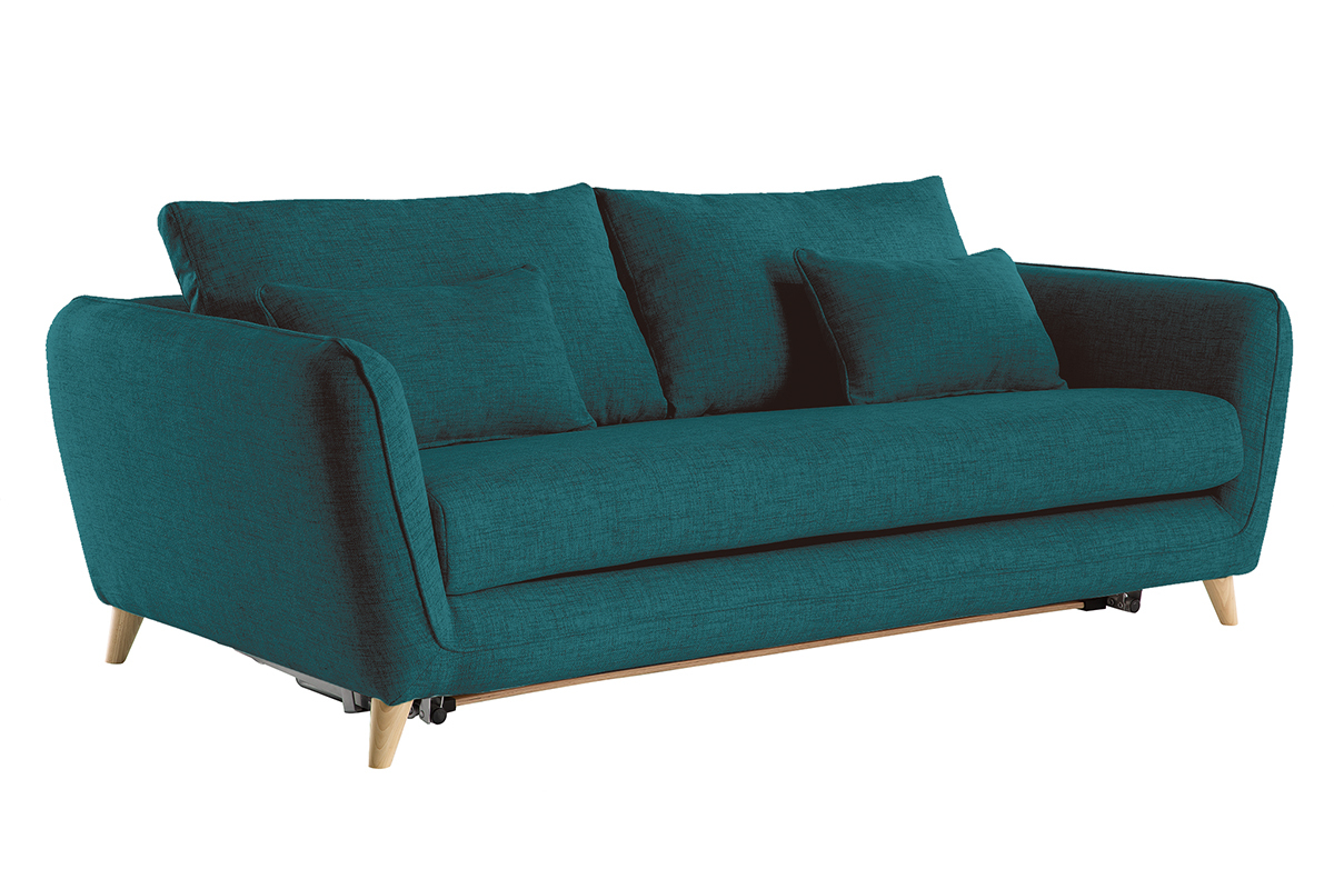 Canap convertible scandinave 3 places en tissu bleu paon et bois clair avec matelas 10 cm CREEP