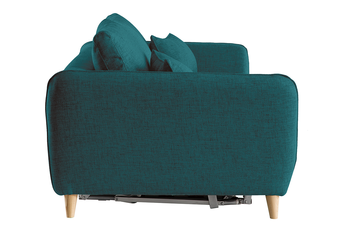 Canap convertible scandinave 3 places en tissu bleu paon et bois clair avec matelas 10 cm CREEP