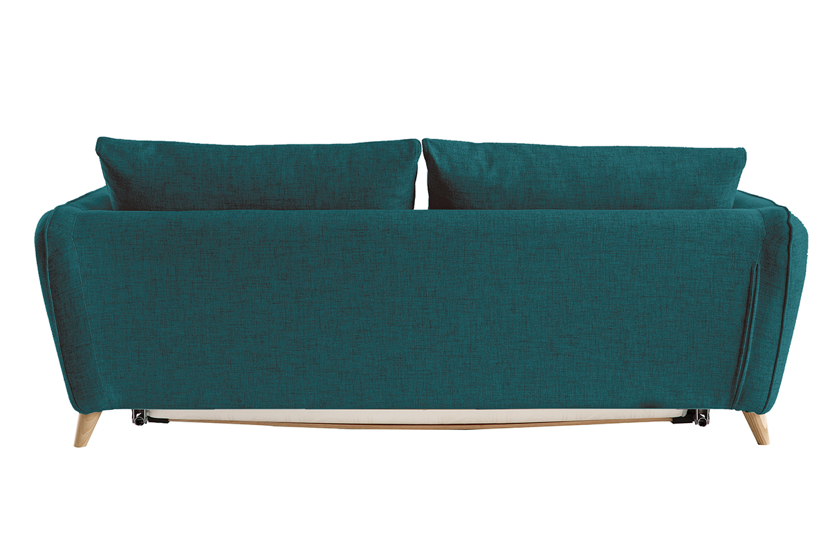 Canap convertible scandinave 3 places en tissu bleu paon et bois clair avec matelas 10 cm CREEP