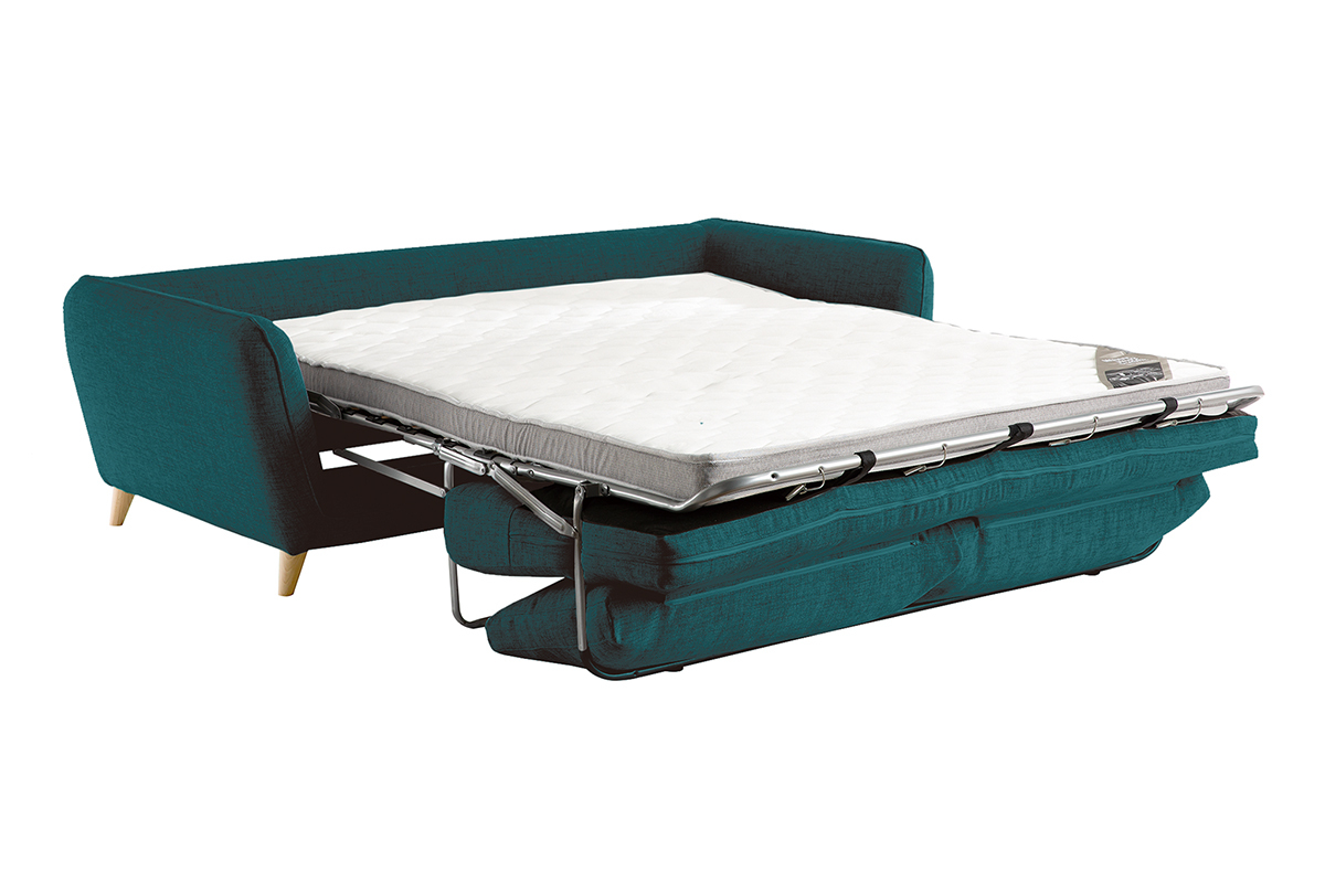 Canap convertible scandinave 3 places en tissu bleu paon et bois clair avec matelas 10 cm CREEP