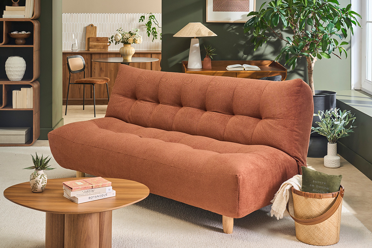 Canap� convertible scandinave 3 places en tissu chenille terre br�l�e et bois clair YUMI