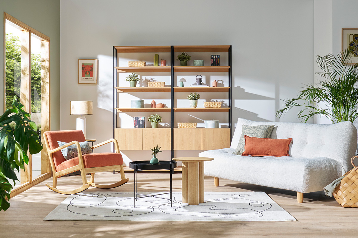 Canap� convertible scandinave 3 places en tissu chenille vert kaki et bois clair YUMI