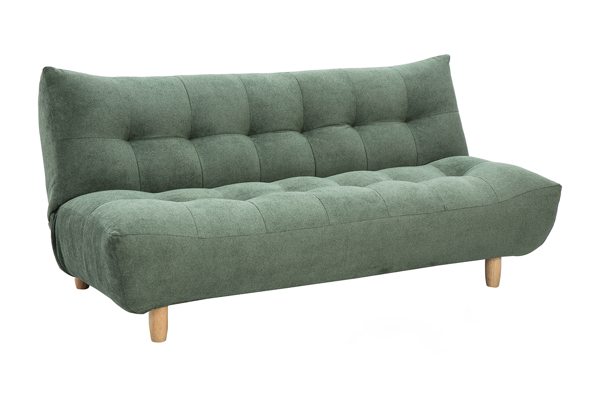 Canap� convertible scandinave 3 places en tissu chenille vert kaki et bois clair YUMI