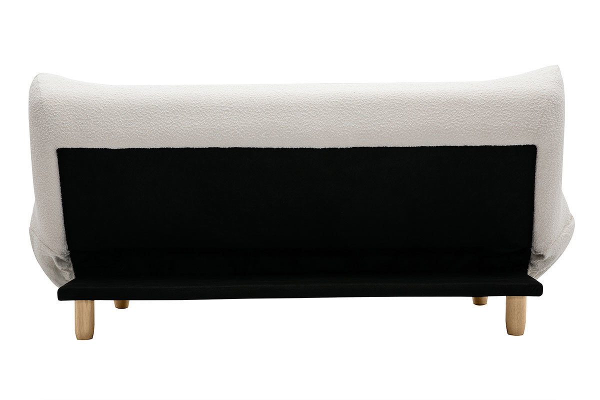 Canap convertible scandinave 3 places en tissu effet laine boucle blanc et bois clair YUMI