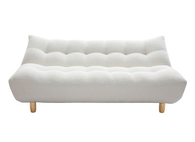 Canapé convertible scandinave 3 places en tissu effet laine bouclée blanc et bois clair YUMI