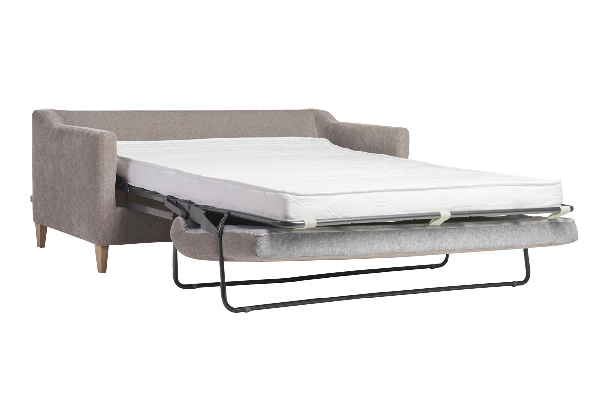 Canap� convertible scandinave 3 places en tissu effet velours gris et bois clair LOUISE