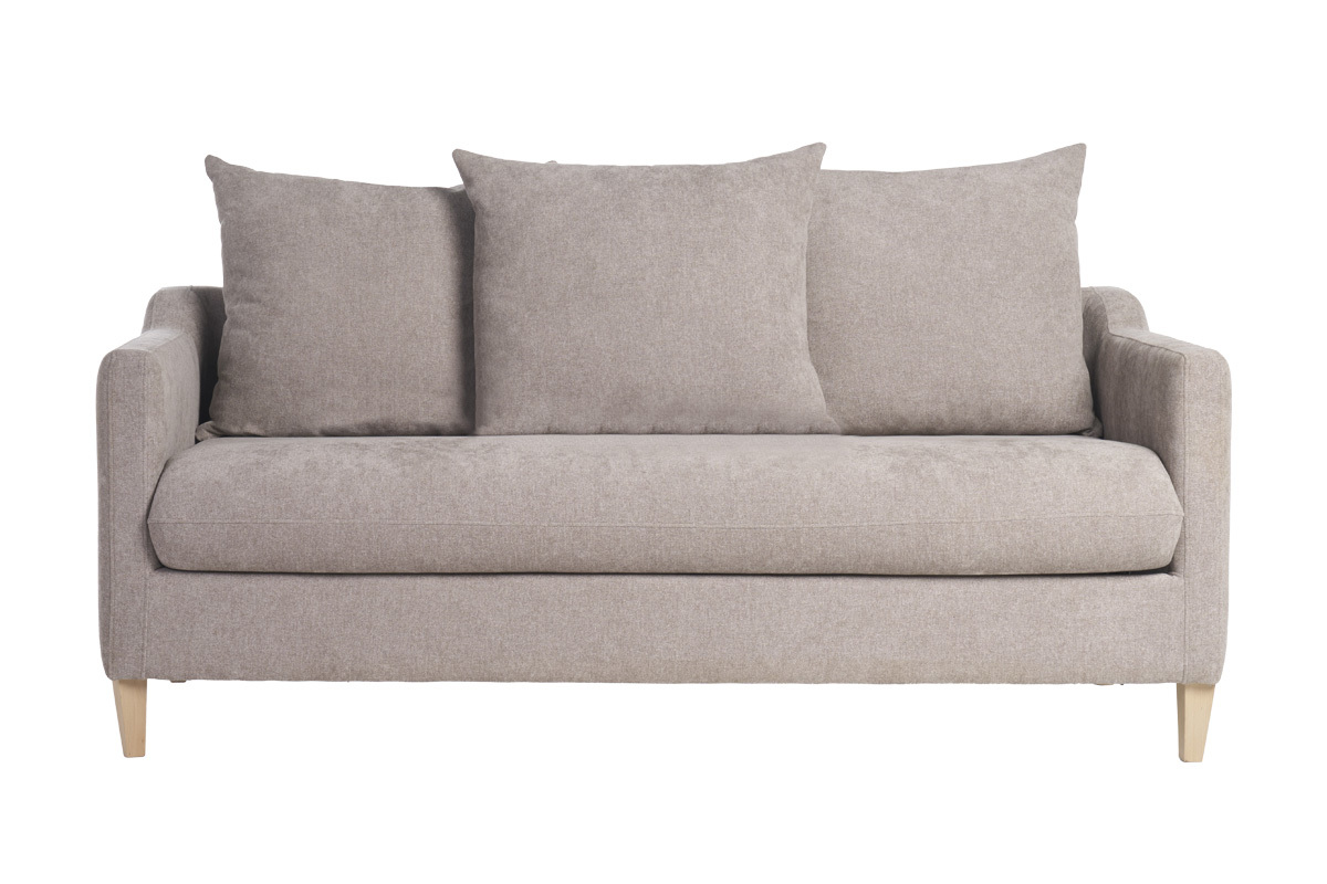 Canap� convertible scandinave 3 places en tissu effet velours gris et bois clair LOUISE
