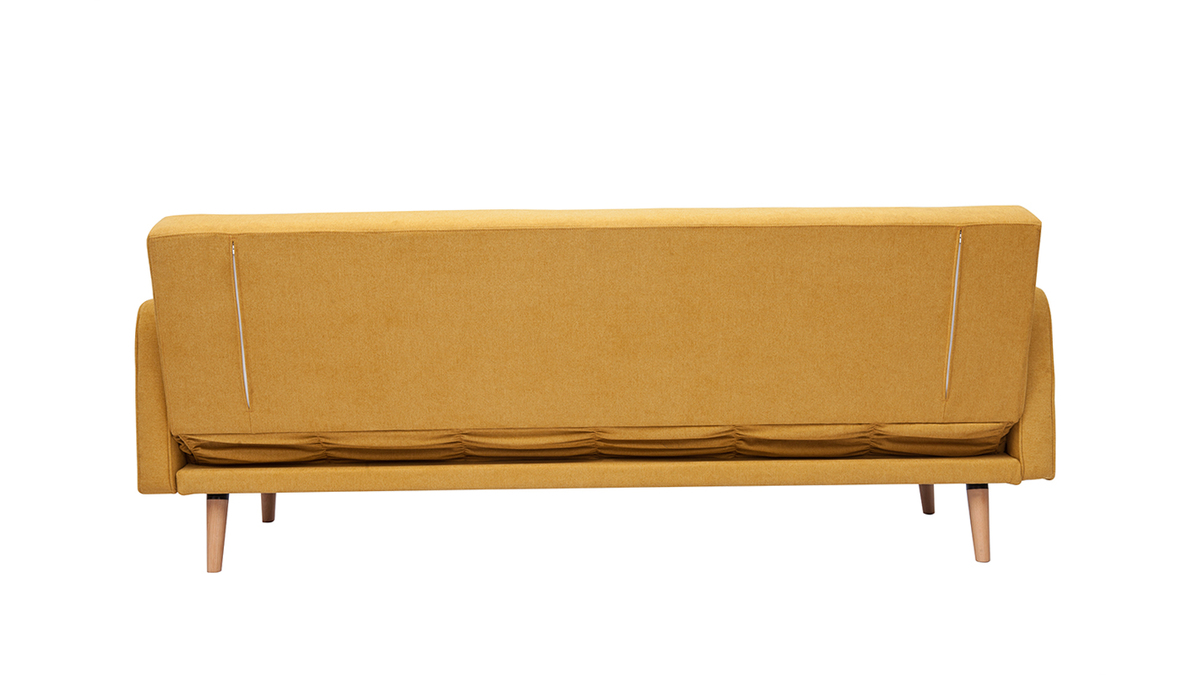 Canap convertible scandinave 3 places en tissu effet velours jaune moutarde et bois clair ULLA