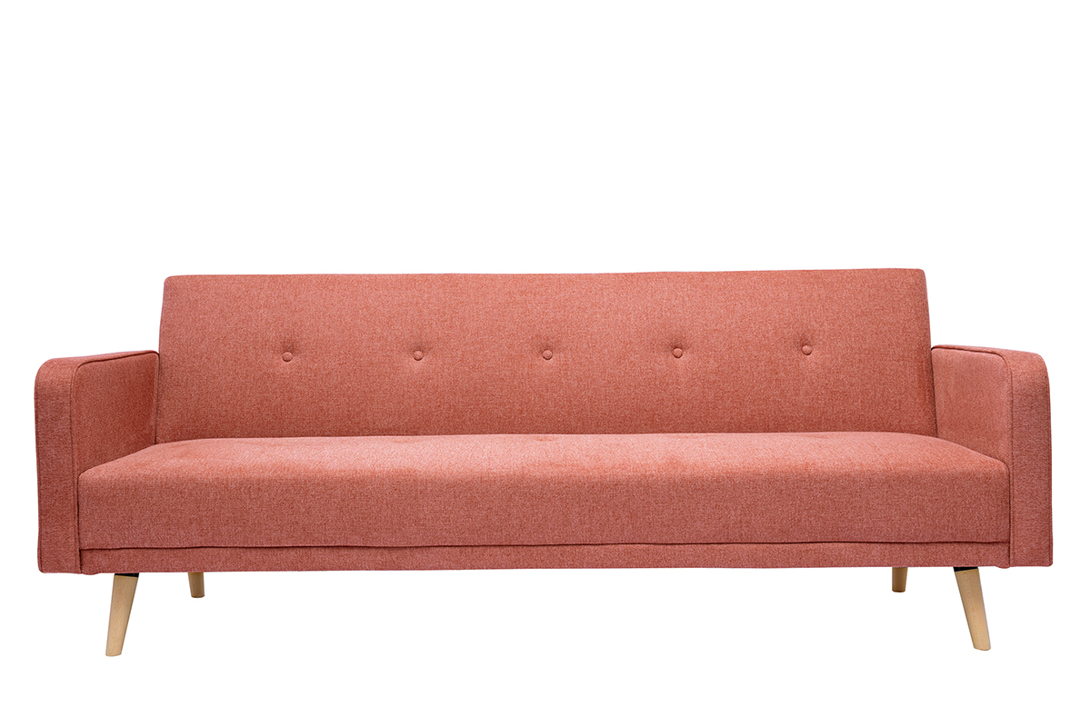 Canap convertible scandinave 3 places en tissu effet velours textur terracotta et bois clair ULLA