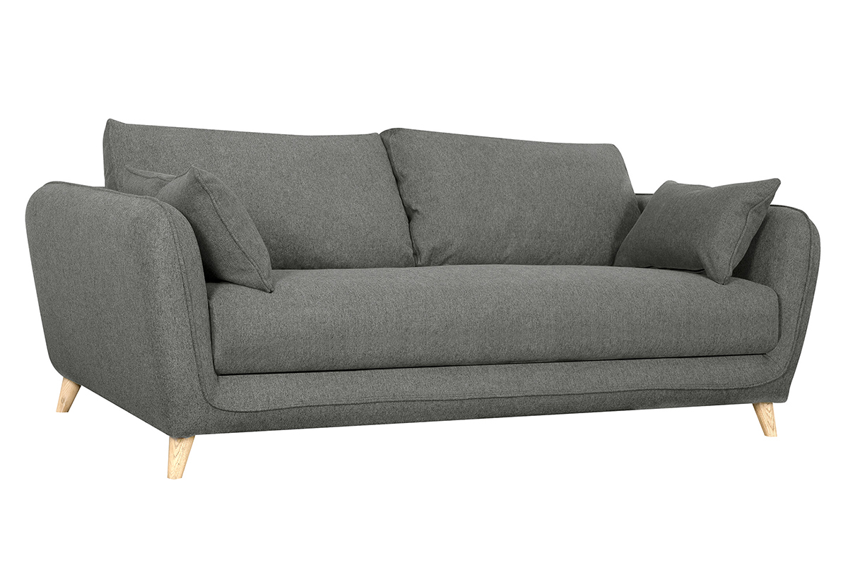 Canap convertible scandinave 3 places en tissu gris anthracite et bois clair avec matelas 10 cm CREEP
