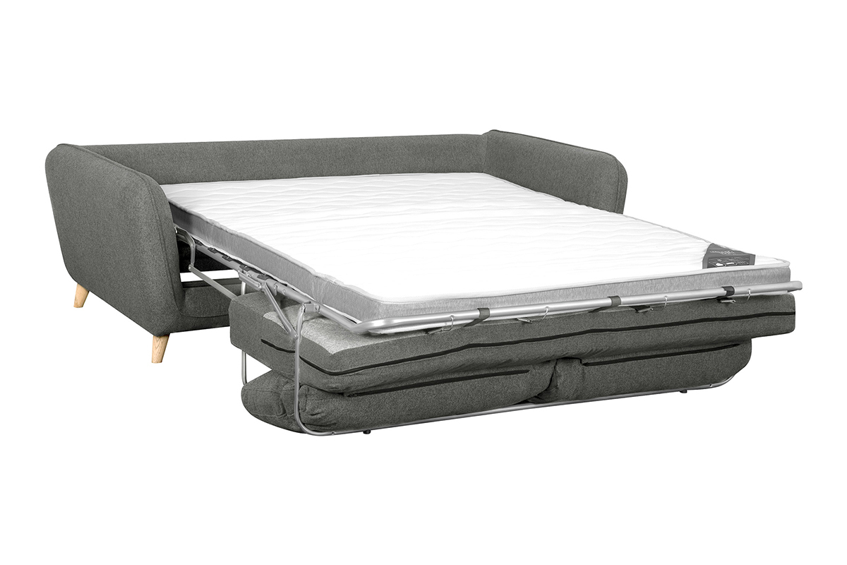 Canap convertible scandinave 3 places en tissu gris anthracite et bois clair avec matelas 10 cm CREEP