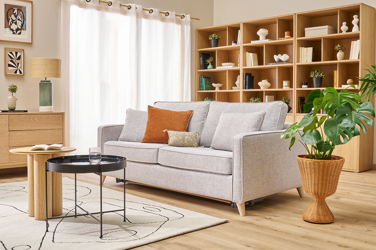 Canap convertible scandinave 3 places en tissu gris clair et bois clair avec matelas 10 cm PAPEL