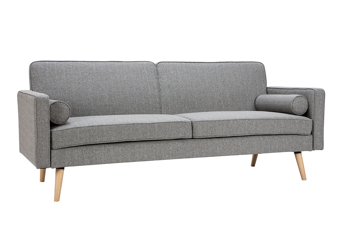 Canap convertible scandinave 3 places en tissu gris clair et bois clair MOORE