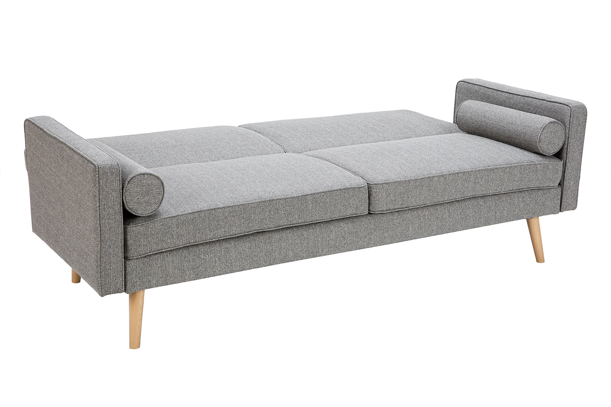 Canap convertible scandinave 3 places en tissu gris clair et bois clair MOORE