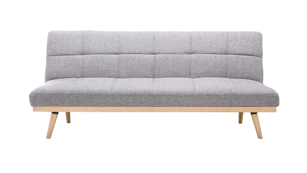 Canap convertible scandinave 3 places en tissu gris clair et bois clair SIKKO