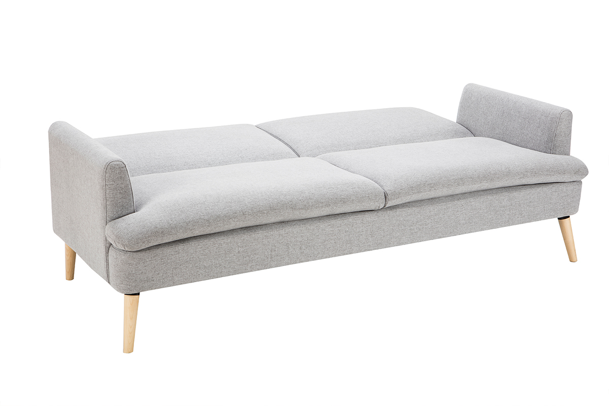 Canap convertible scandinave 3 places en tissu gris clair et bois clair STEWART